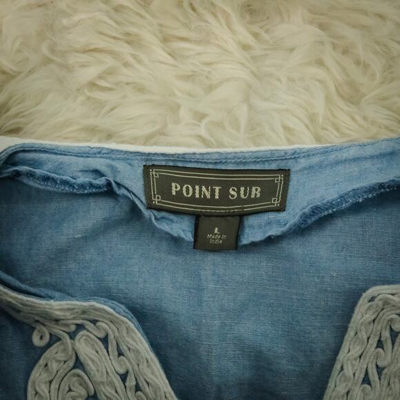 Point Sur Size Large L Chambray Lace Trim Long Sleeve Cotton Linen Tunic Top - Picture 5 of 8